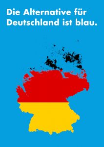 Thomas Behling, "Die Alternative für Deutschland ist blau.", 2021, Plakat, 84 x 59 cm
Das Plakat zeigt die Landesform bei einem Meeresspiegelanstieg von 60 Metern.